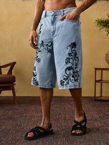 ROMWE MEN Casual 男士休闲花卉刺绣牛仔短裤 - 藍色 - 查看 6