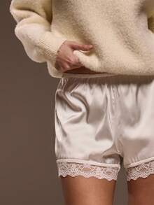 MUSERA Elasticated Satin Pull On Lace Trim Shorts Cute Summer Vacation Boho Cute Sunday Best Valentines Day Pants Spring Holiday - White - View 5