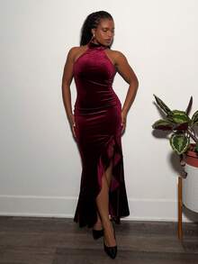 Tyla Gomez 女式荷葉邊掛脖洋裝 - 酒紅色 - 查看 6