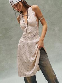 Bohemela Casual Woven Polka Dot Backless Mid-Length Dress For Women - Apricot - View 9