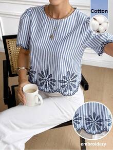 SHEIN Frenchy Áo sơ mi tay ngắn cổ tròn in họa tiết sọc thường ngày thời trang nữ - Xanh và trắng - Xem 6
