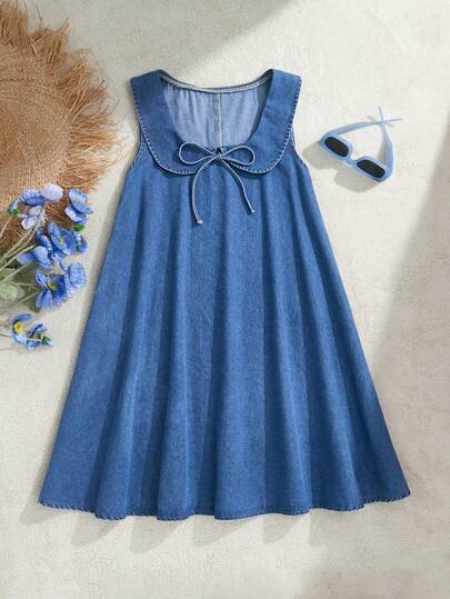 Soleia Women's Solid Color Minimalist Casual Peter Pan Collar Loose A-Line Dress Womens Blue Denim Sleeveless Dress With Peter Pan Collar And Bow Detail Casual A Line Mini Dress For Summer Summer Dress Summer Holiday Outfits Spring Outfit Women Spring Dress Party Dresses For Party Elegant Party Dresses For Women Vacation Outfits For Women Beach Vacation Outfits For Women Casual Dresses For Women Casual Outfits For Women Blue Dresses For Women