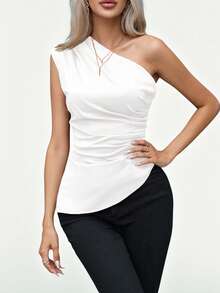 Aveloria Modichic Women's Solid Color Asymmetric Hem Ruched Shoulder Top, Suitable For Spring And Summer - White - View 6