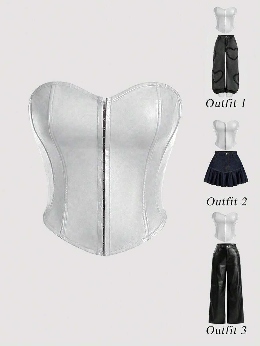 SHEIN MOD Plus Size Women Red Date Night Fishbone Tight Corset Solid PU Leather Tube Top - Silver - View 1