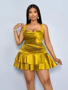 SOLERSUN 这款女士性感浪漫的吊领露背吊带褶皱双层荷叶边下摆优雅甜美迷你连衣裙，适合情人节、单身派对、圣诞派对、婚礼等场合。 - 芥末黃 - 查看 7