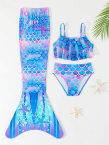 SHEIN GraphicGems 女孩美人鱼比基尼套装，三件套针织美人鱼尾泳衣，时尚休闲优雅泳装，适合游泳、夏季度假、海滩、泳池、节日派对 - 紫色 - 查看 3