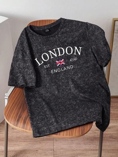 Manfinity Joysei 复古伦敦标语印花做旧短袖T恤，男士款，适合上学、外出、送朋友等场合。