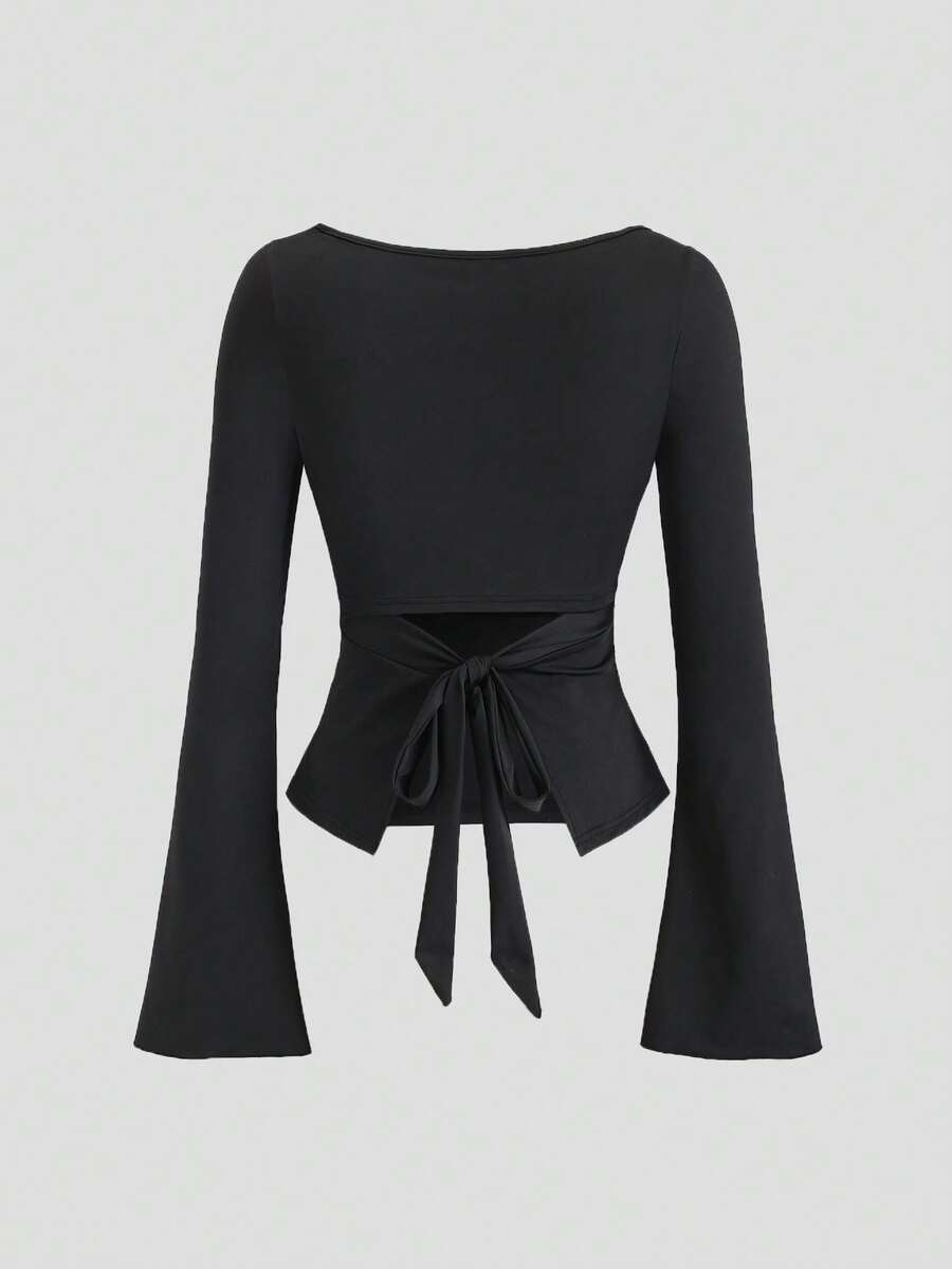 Sweetra Spring/Summer New Boat Neck Ruffle Flare Sleeve Top T-Shirt, All-Match Versatile - Black - View 1