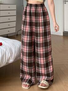 Livesso Plaid Loose Straight Leg Long Pajama Pants, Suitable For Spring And Summer Loungewear - Pink - View 6