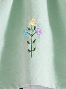 1件女婴夏季新款彼得潘领荷叶边喇叭袖蝴蝶结腰身松紧后襟A字前片刺绣绿色可爱田园风百搭公主裙 - 綠色 - 查看 10