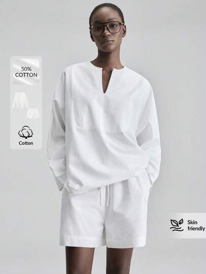 Ontre 2026春夏新款象牙白衬衫，柔软亲肤梭织面料，翻领短袖纽扣宽松V领长蝙蝠袖女式上衣，女式衬衫，女式短裤两件套，舒适居家、独立日、办公、教师、度假、假日、都市时尚、简约优雅休闲通勤时尚百搭女式两件套