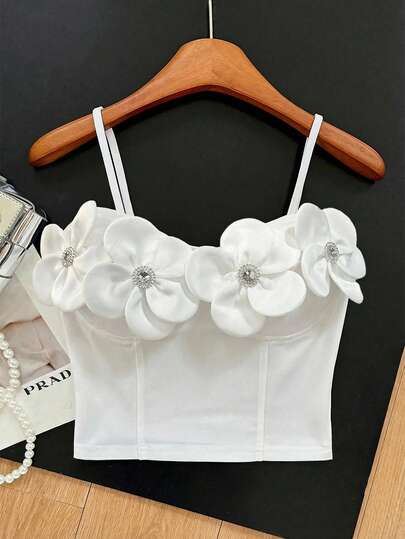 INAWLY Áo hai dây không tay đính đá họa tiết hoa, thích hợp cho đi biển, kỳ nghỉ và mặc hàng ngày, mùa xuân/hè.