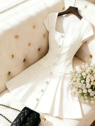 GlowEve Women's Fashionable Elegant Solid Color Single-Breasted Square Collar Short Dress