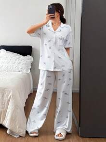 DAZY 2pcs Cute Dragonfly Pattern Loose Short Sleeve Cardigan And Long Straight Leg Pajama Pants Set, Women Summer Sleepwear - Baby Blue - View 1
