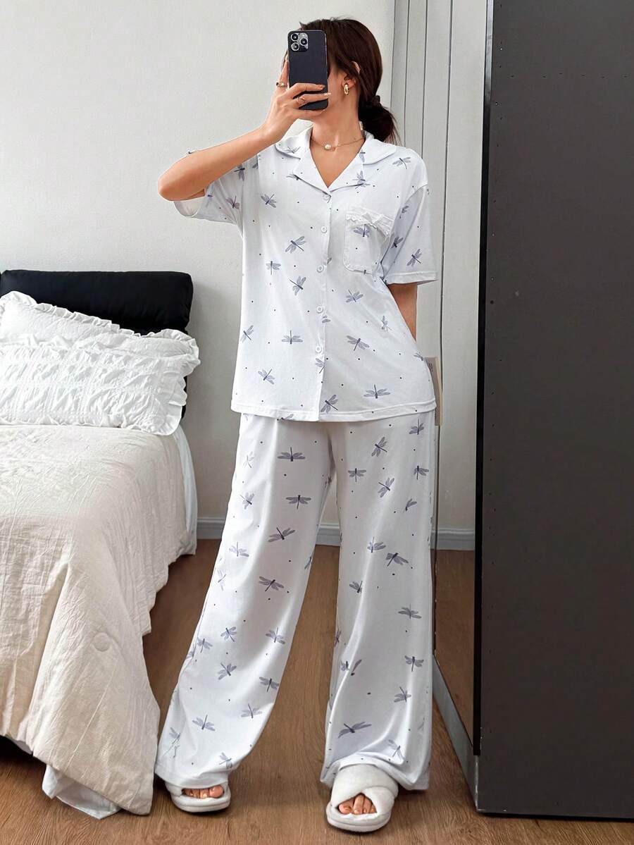 DAZY 2pcs Cute Dragonfly Pattern Loose Short Sleeve Cardigan And Long Straight Leg Pajama Pants Set, Women Summer Sleepwear - Baby Blue - View 1