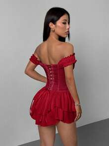 SHEIN PETITE 女士白色褶皱提花腰部拼接荷叶边露肩层叠荷叶边A字雪纺迷你连衣裙，优雅适合派对和年轻女孩穿着，白色束身连衣裙，白色迷你连衣裙，白色派对服装，束身连衣裙 - 紅色 - 查看 3