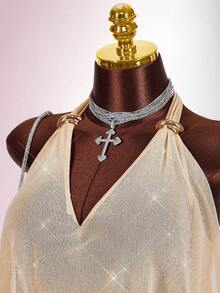 Amplova Asymmetrical Hem Deep V-Neck Women's Camisole For Party & Banquet - Gold - View 11