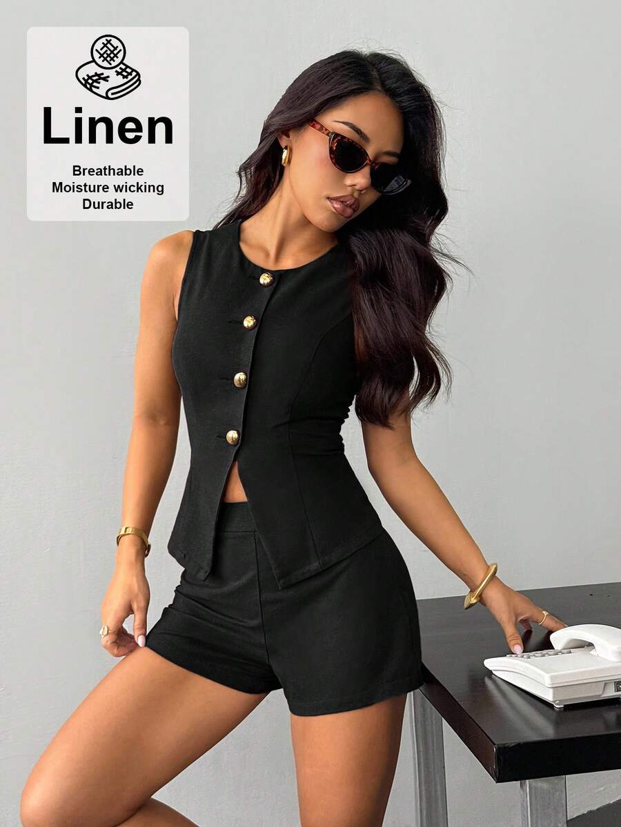 SHEIN PETITE Women's Waist Suit, Elegant And Casual - Black - View 1