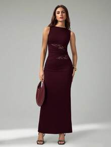 SHEIN Tall Damen Schwarzes Elegantes Spitzen-Stich Lange Kleid, Elegante Damenkleider, Partyoutfits, Neujahrsoutfit, Neujahr, Sommer, Große Frauen - Rot-violett - Übersicht 4