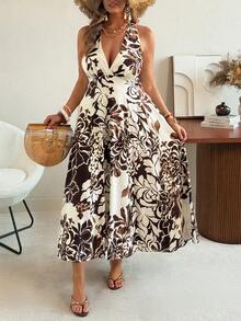 Ceyna Đầm maxi dáng chữ A hở lưng, sang trọng, thanh lịch kiểu Pháp dành cho nữ cỡ lớn mùa xuân/hè, phong cách bohemian thường ngày, thoải mái, in hoa, cổ chữ V, thắt eo, buộc dây, cổ yếm. - màu nâu - Xem 8