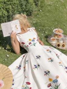 SHEIN MOD Đầm cổ tròn không tay, phối màu, thắt nơ trang trí, dáng xòe in hoa – Hoàn hảo cho kỳ nghỉ, hẹn hò, dã ngoại, tiệc tùng, dạ hội, lễ hội và sinh nhật; Lãng mạn và dễ thương - Nhiều màu - Xem 1