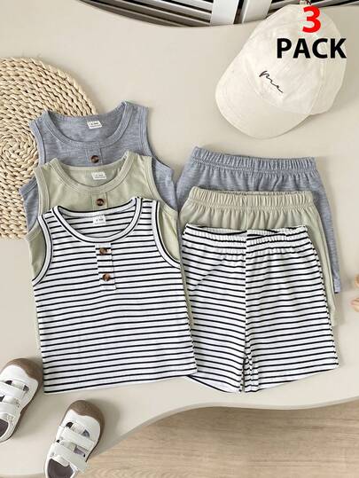 Playful Pals Conjunto de chaleco de punto casual de verano para bebé niño, conjunto de chaleco sin mangas y pantalones cortos a rayas/de unicolor, multipaquete, adecuado para usar en casa y al aire libre