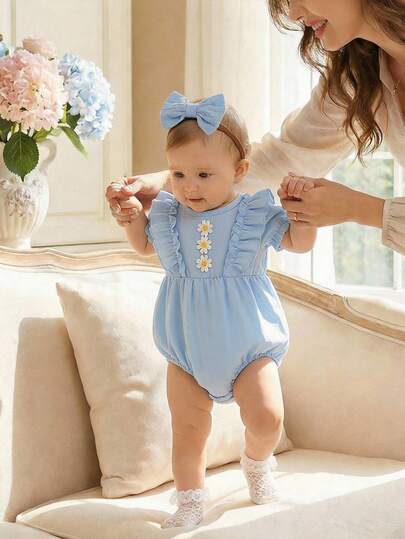 SHEIN 2pcs/Set Newborn Baby Girls Elegant Sweet Solid Color Sleeveless Romper And Bow Headband, Suitable For Spring/Summer Outings And Daily Wear