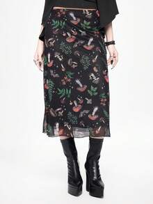 ROMWE Fairycore 女士深色蘑菇植物印花A字裙 - 彩色 - 查看 9