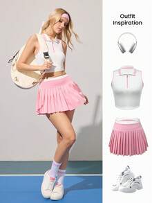CourtClass 2pcs/Set Women's Summer Contrast Trim Cropped Tank Top And Pleated Mini Skirt Tennis Outfit - Multicolor - View 5