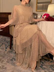 DAZY 女士立领网纱优雅派对中长蛋糕裙 - 香檳色 - 查看 1