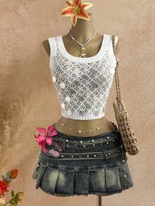 Elamini Women's White Knit Vest, Fashionable Sexy Sheer Sparkling Sequin Summer - White - View 1