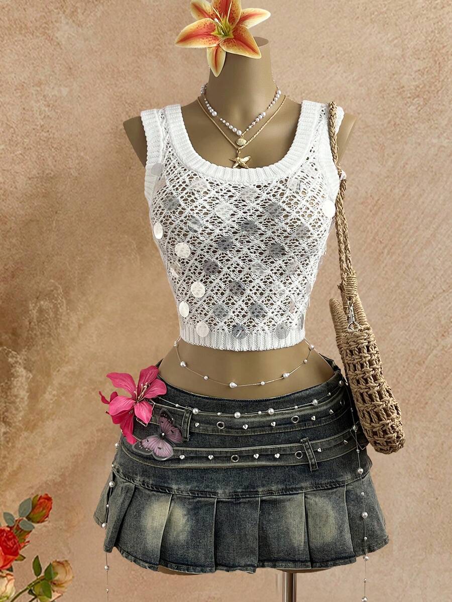 Elamini Women's White Knit Vest, Fashionable Sexy Sheer Sparkling Sequin Summer - White - View 1