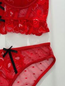 PetitDoll Conjunto de Sutiã com Bojo e Laço Colorido Fofo para o Dia dos Namorados, 2 peças - Vermelho - Visão 9