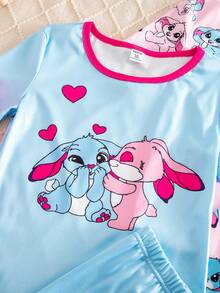 Genkimix Kids Bộ đồ ngủ 6 món cho bé gái lớn, cổ tròn, tay ngắn và quần short, họa tiết thỏ màu xanh dương và hồng tím ngộ nghĩnh, thời trang, đa năng, thích hợp mặc ở nhà và ngủ. - Nhiều màu - Xem 5