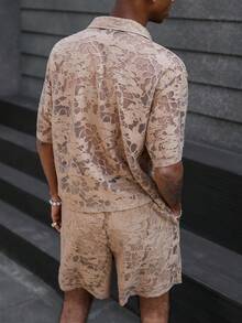 PAVTROS Men's Knitted Jacquard Loose Drop Shoulder Short Sleeve Shirt And Shorts Set, Youthful Street Style - Khaki - View 2