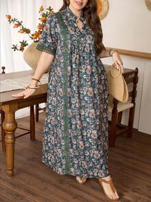 Lacomfia Random Floral Print Pattern Loose Fashionable Simple Elegant Patchwork Lace Comfortable Versatile Plus Size Women Dress - Multicolor - View 4