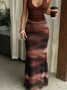 Pariaura 2026新款女士半身裙，Y2K美学高腰透视网纱长裙，渐变扎染印花修身包臀鱼尾长裙，优雅时尚，适合日常穿着、约会、度假等场合。 - 彩色 - 查看 5