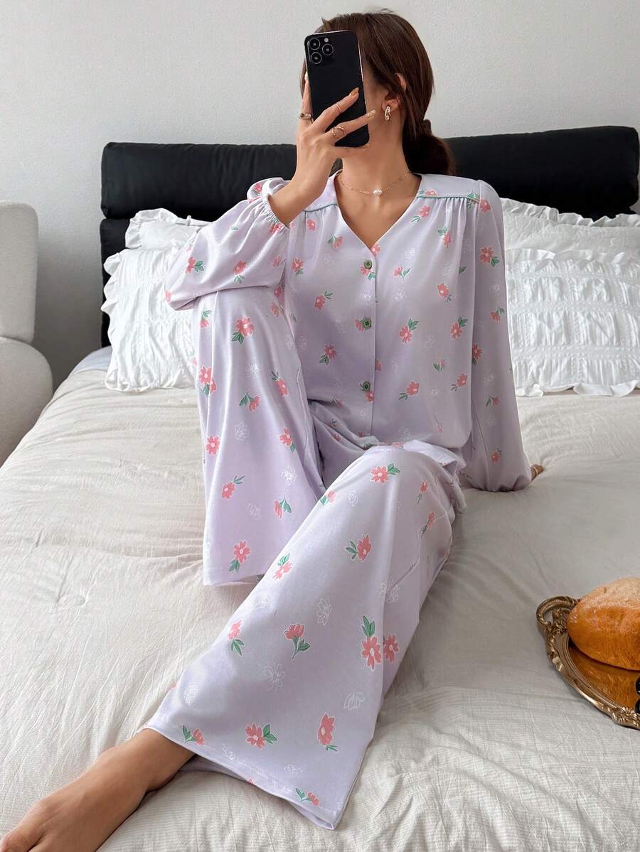 DAZY 碎花褶皱肩部宽松女士睡衣套装 - 粉色 - 查看 1