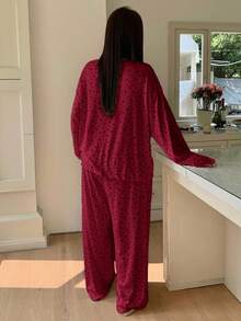 Dazy Plus 2pcs Plus Size Women Elegant Ditsy Floral Loose Pajama Set, Includes Top And Pants, Suitable For Spring, Summer, Autumn - Red - View 2