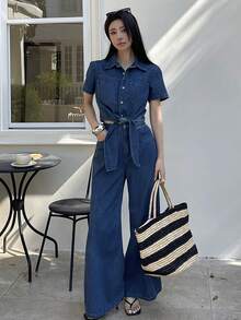 DAZY Women's Casual Tie-Up Top And Denim Pants Set, Summer - Blue - View 3