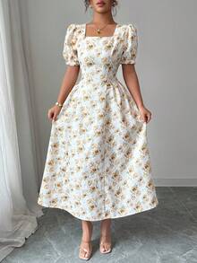 Modelyn Women's Short Petal Sleeve Fashionable Romantic New Yellow Jacquard Fabric Dress - Light Yellow - View 5