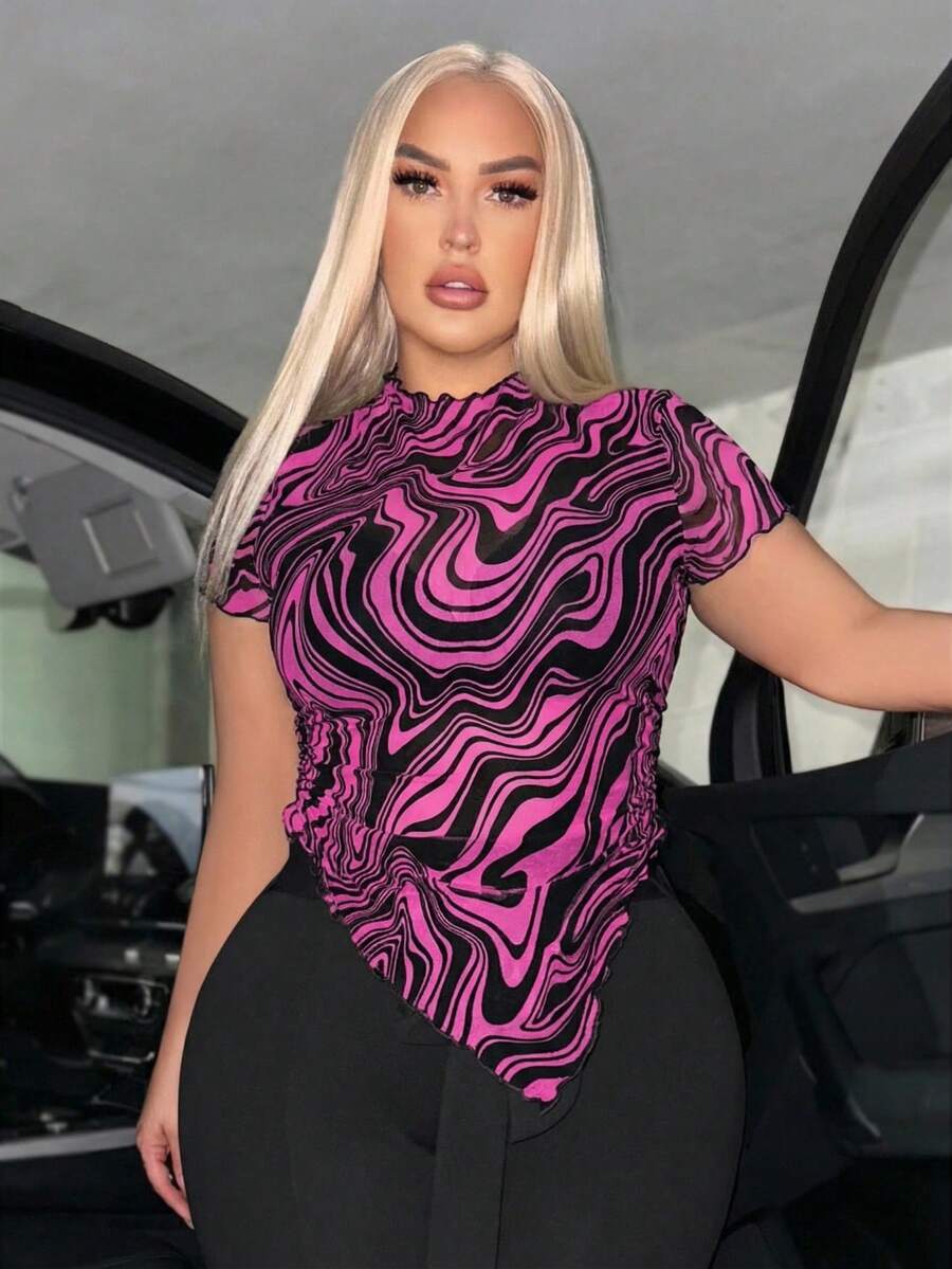 SHEIN SXY Twisted Pattern Sheer Summer Short Sleeve Asymmetrical Hem Blouse - Hot Pink - View 1