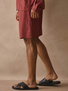 Musero Pantalones cortos de lino con botones delanteros y cintura elástica, estilo bermuda de línea larga, esenciales para vacaciones de primavera y verano - Marrón - Ver 3