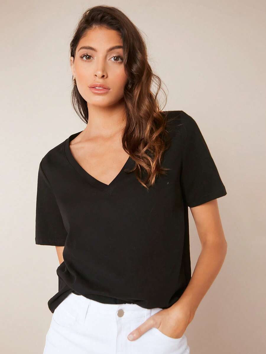 SHEIN BASICS Short Sleeves V-Neck Solid Casual Tee - Black - View 1