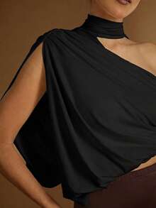 Hauture Women's Sexy One Shoulder Drape Ruched Detail Cut Out Top - Black - View 4
