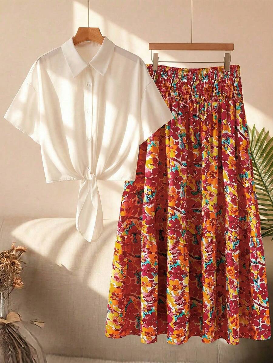 Breezaya Plus Size Ditsy Floral Skirt And Solid Color Shirt, Women Casual 2-Piece Set, Summer - Multicolor - View 1