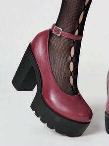 ROMWE Women's Closed Toe Cross-Strap Mary Jane Shoes, Punk Goth Platform Thick Heel Strap Buckle Strap JK Uniform Shoes, Waterproof Work Heels - Burgundy leather - View 3