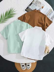 3pcs Set: Young Boy Pattern Mandarin Collar Short Sleeve Shirt - Mint Green - View 2
