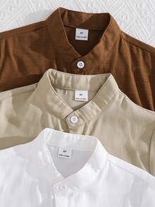 三件套：男童图案立领短袖衬衫 - 卡其色 - 查看 3