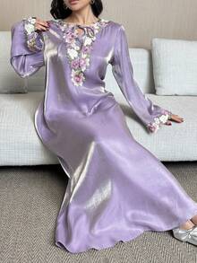 Al Najma Vestido casual de estilo árabe con cuello de corbata y aplicaciones para mujer de talla grande - Morado - Ver 4